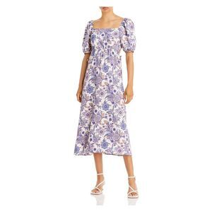 AVA & ESME Womens Ivory Paisley Pouf Sleeve Square Neck Midi Sheath Dress XS